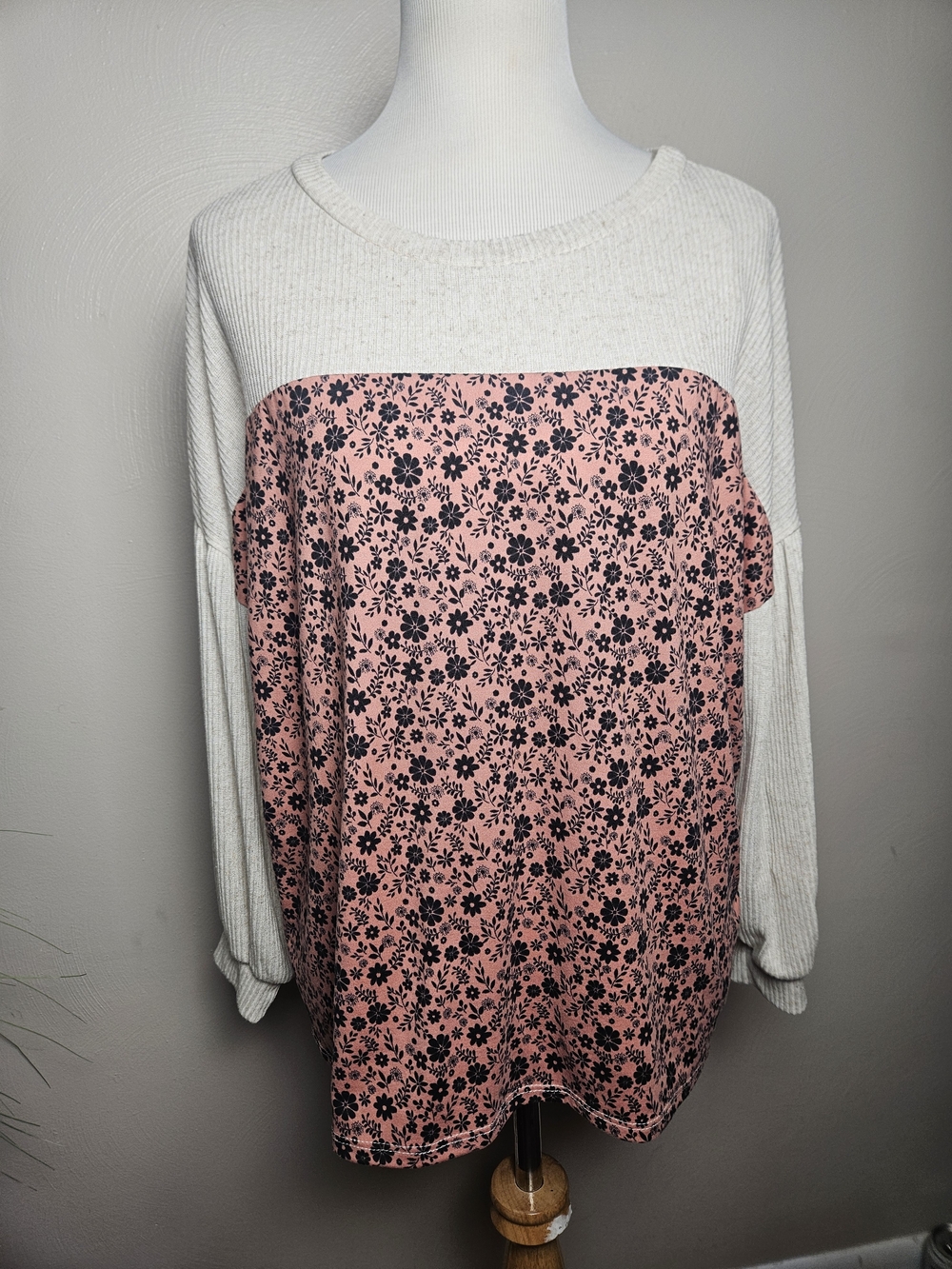 Cream Knit Pullover with Pink Floral Front Panel